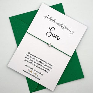 Bracelet souhaits de fils, bracelet à breloques fils, bracelet fils, carte d'anniversaire fils, cadeau d'anniversaire fils, cadeau fils, cadeau pour fils