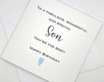 Personalised Son Birthday Card. Modern Minimalist Cards With Heart in Custom Colours