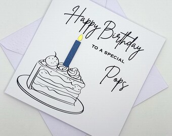Pops Birthday Card. Modern Minimalist Cards With Cake & Candle in Custom Colours