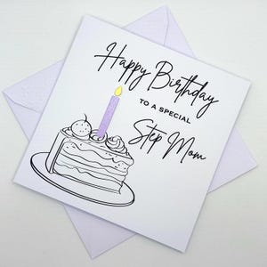 Carte d'anniversaire STEP MOM avec une part de gâteau d'anniversaire et une bougie (couleur au choix). Spécial, beau, incroyable, fabuleux, merveilleux