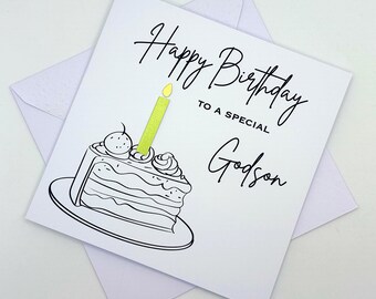 Godson Birthday Card. Modern Minimalist Cards With Cake & Candle in Custom Colours