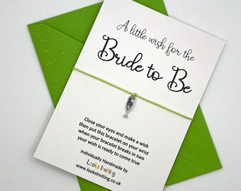 Bride to Be Wish Bracelet Card. Coloured Envelope. Heart, Star, Flower, Wine Charm. Tie-on or Adjustable