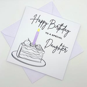 FILLE Carte d'anniversaire avec un gâteau d'anniversaire et une bougie (couleur au choix). Spéciale, Belle, Incroyable, Fabuleuse, Merveilleuse fille