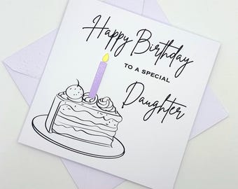 Daughter Birthday Card. Modern Minimalist Cards With Cake & Candle in Custom Colours