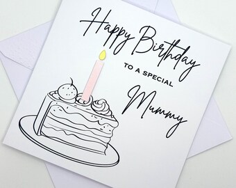 Mummy Birthday Card. Modern Minimalist Cards With Cake & Candle in Custom Colours