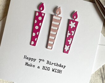 Personalised 7th Birthday Card. Modern Minimalist Cards With Candles in Custom Colours