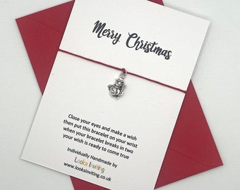 Christmas Wish Bracelet with Card & Coloured Envelope. Snowman, Stocking, Tree or Snowflake Charm. Tie-on or Adjustable