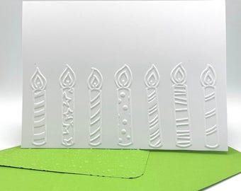 Birthday Candles Note Cards with Coloured Envelopes. Pack of 6 Handmade Blank Embossed Notecards