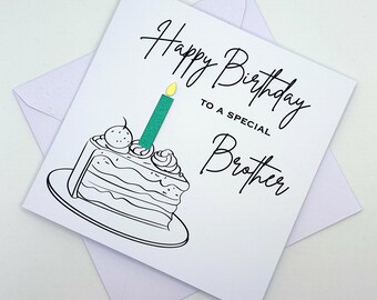 Brother Birthday Card. Modern Minimalist Cards With Cake & Candle in Custom Colours