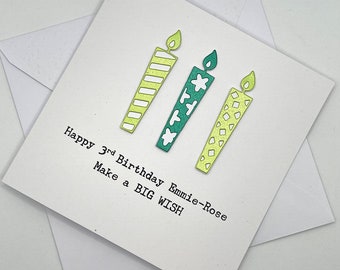 Personalised 3rd Birthday Card. 3 Year Old Birthday Card for girl, boy, daughter, son, age 3, third. Make a Big Wish with Candles. Add name