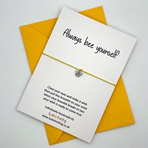 Bee Wish Bracelet with Card & Coloured Envelope. Tie-on or Adjustable Knot