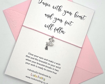 Ballet Outfit Wish Bracelet with Card & Coloured Envelope. Tie-on or Adjustable Knot