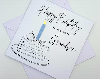 Grandson Birthday Card. Modern Minimalist Cards With Cake & Candle in Custom Colours