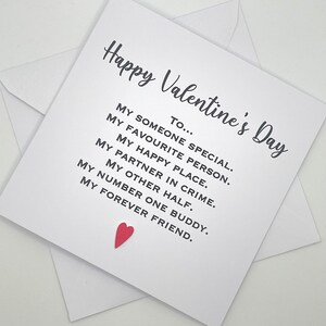 Carte de Saint-Valentin pour lui ou pour elle. Carte poème. Quelqu'un de spécial, personne préférée, endroit heureux, partenaire dans le crime, autre moitié, ami de toujours