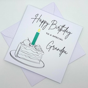 Carte d'anniversaire grand-père avec une part de gâteau d'anniversaire et une bougie (couleur au choix). Spécial, incroyable, fabuleux, merveilleux grand-père