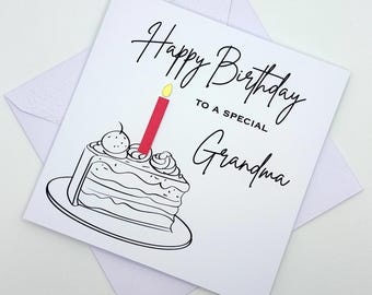Grandma Birthday Card. Modern Minimalist Cards With Cake & Candle in Custom Colours