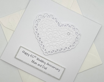 Personalised 60th Anniversary Card. Modern Minimalist Cards With White Paper Lace Heart