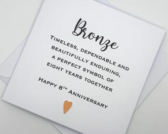 Personalised 8th Wedding Anniversary Card for a Bronze Anniversary. 8 Years Married
