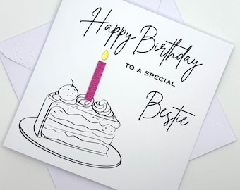 Bestie Birthday Card. Modern Minimalist Cards With Cake & Candle in Custom Colours