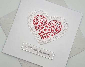 Personalised Ruby 40th Wedding Anniversary Card. Modern Minimalist Cards With Red Paper Lace Heart