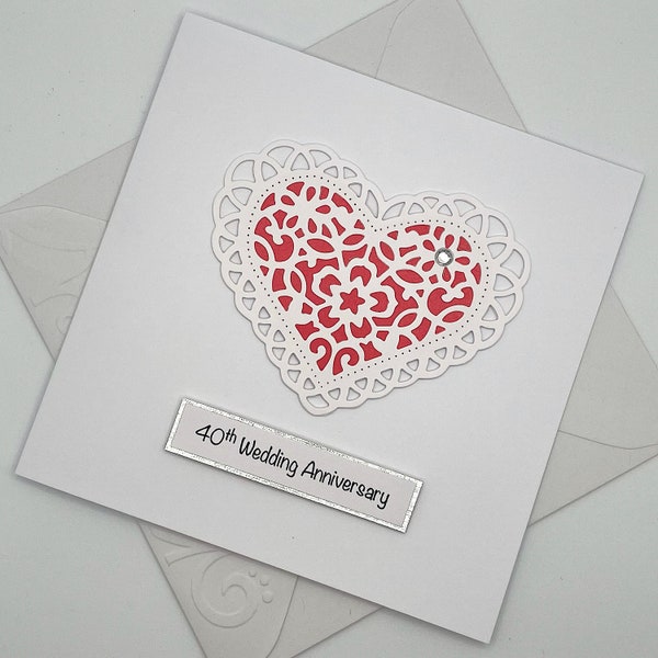 Personalised Ruby 40th Wedding Anniversary Card. Modern Minimalist Cards With Red Paper Lace Heart