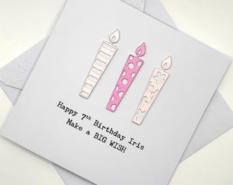 Personalised 7th Birthday Card. Modern Minimalist Cards With Candles in Custom Colours
