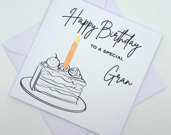 Gran Birthday Card. Modern Minimalist Cards With Cake & Candle in Custom Colours