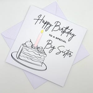 Carte d'anniversaire GRANDE SOEUR avec un gâteau d'anniversaire et une bougie (couleur au choix). Spécial, beau, incroyable, fabuleux, merveilleux grande soeur