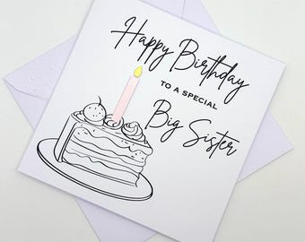 Big Sister Birthday Card. Modern Minimalist Cards With Cake & Candle in Custom Colours