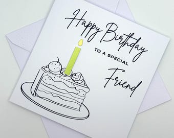 Birthday Card For Friend. Modern Minimalist Cards With Cake & Candle in Custom Colours