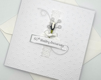 Personalised 60th Anniversary Card with White Paper Rose & White Satin Bow