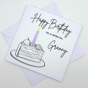 Carte d'anniversaire grand-mère avec un gâteau d'anniversaire et une bougie (couleur au choix). Spécial, beau, incroyable, fabuleux, merveilleux grand-mère
