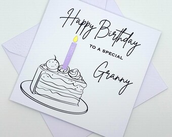 Granny Birthday Card. Modern Minimalist Cards With Cake & Candle in Custom Colours