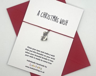 Christmas Wish Bracelet with Card & Coloured Envelope. Snowman, Stocking, Tree or Snowflake Charm. Tie-on or Adjustable