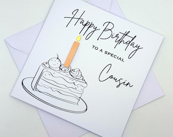 Cousin Birthday Card. Modern Minimalist Cards With Cake & Candle in Custom Colours