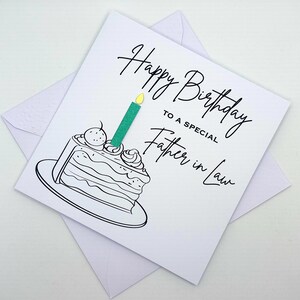 BEAU-PÈRE Carte d'anniversaire avec une part de gâteau d'anniversaire et une bougie (couleur au choix). Spécial, incroyable, fabuleux, merveilleux