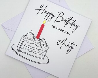 Aunty Birthday Card. Modern Minimalist Cards With Cake & Candle in Custom Colours