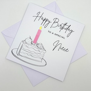 Carte d'anniversaire NIECE avec une part de gâteau d'anniversaire et une bougie (couleur au choix). Spéciale, Belle, Incroyable, Fabuleuse, Merveilleuse Nièce
