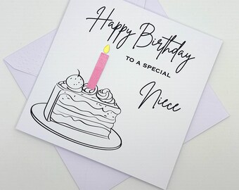 Niece Birthday Card. Modern Minimalist Cards With Cake & Candle in Custom Colours