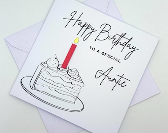 Auntie Birthday Card. Modern Minimalist Cards With Cake & Candle in Custom Colours