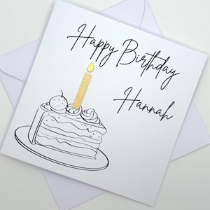 Carte d'anniversaire NOM PERSONNALISÉ avec une part de gâteau d'anniversaire et une bougie (couleur au choix). Carte Pour lui, pour elle, un ami ou un collègue