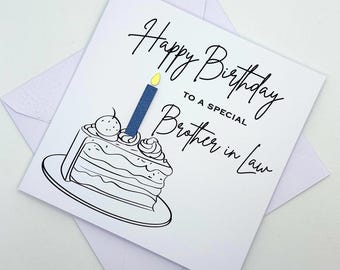 Brother-in-Law Birthday Card. Modern Minimalist Cards With Cake & Candle in Custom Colours