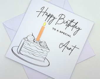 Aunt Birthday Card. Modern Minimalist Cards With Cake & Candle in Custom Colours