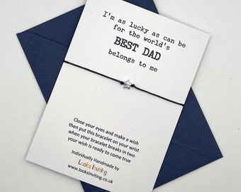 Best Dad Wish Bracelet Card. Coloured Envelope. Heart, Star, Flower, Wine Charm. Tie-on or Adjustable