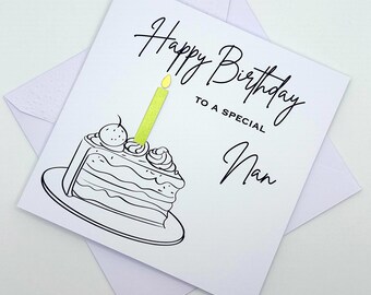 Nan Birthday Card. Modern Minimalist Cards With Cake & Candle in Custom Colours
