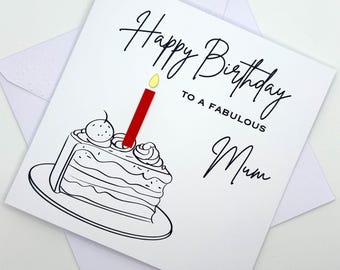 Mum Birthday Card. Modern Minimalist Cards With Cake & Candle in Custom Colours