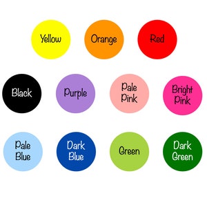Puede incluir: Un gr&aacute;fico de nombres de colores con c&iacute;rculos en los colores correspondientes. Los colores son amarillo, naranja, rojo, negro, morado, rosa p&aacute;lido, rosa brillante, azul p&aacute;lido, azul oscuro, verde y verde oscuro.