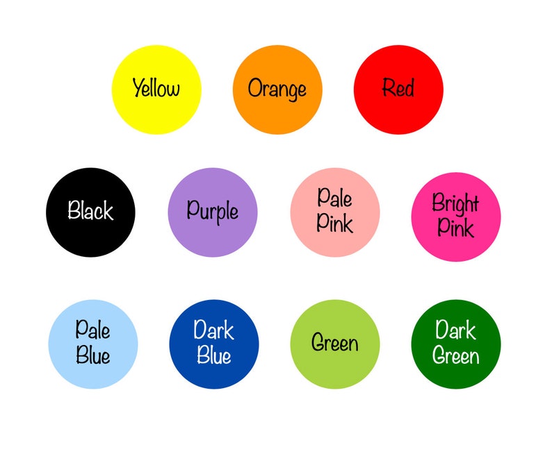 Puede incluir: Un gr&aacute;fico de nombres de colores con c&iacute;rculos en los colores correspondientes. Los colores son amarillo, naranja, rojo, negro, morado, rosa p&aacute;lido, rosa brillante, azul p&aacute;lido, azul oscuro, verde y verde oscuro.