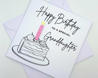 Granddaughter Birthday Card. Modern Minimalist Cards With Cake & Candle in Custom Colours