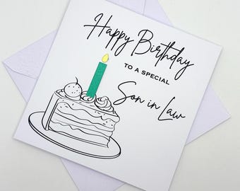 Son-In-Law Birthday Card. Modern Minimalist Cards With Cake & Candle in Custom Colours